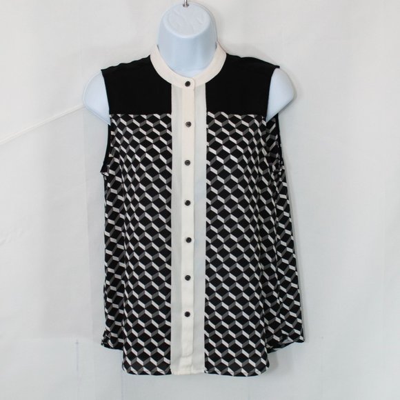 Halogen Sleeveless Blouse Womens XSP Top Black Geometric Print Petite Work X!08X - Picture 1 of 6